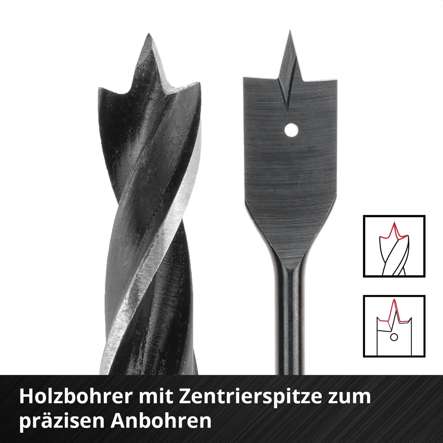 Holzbohrer-Set: Spiralbohrer und Flachfräsbohrer mit Zentrierspitze.