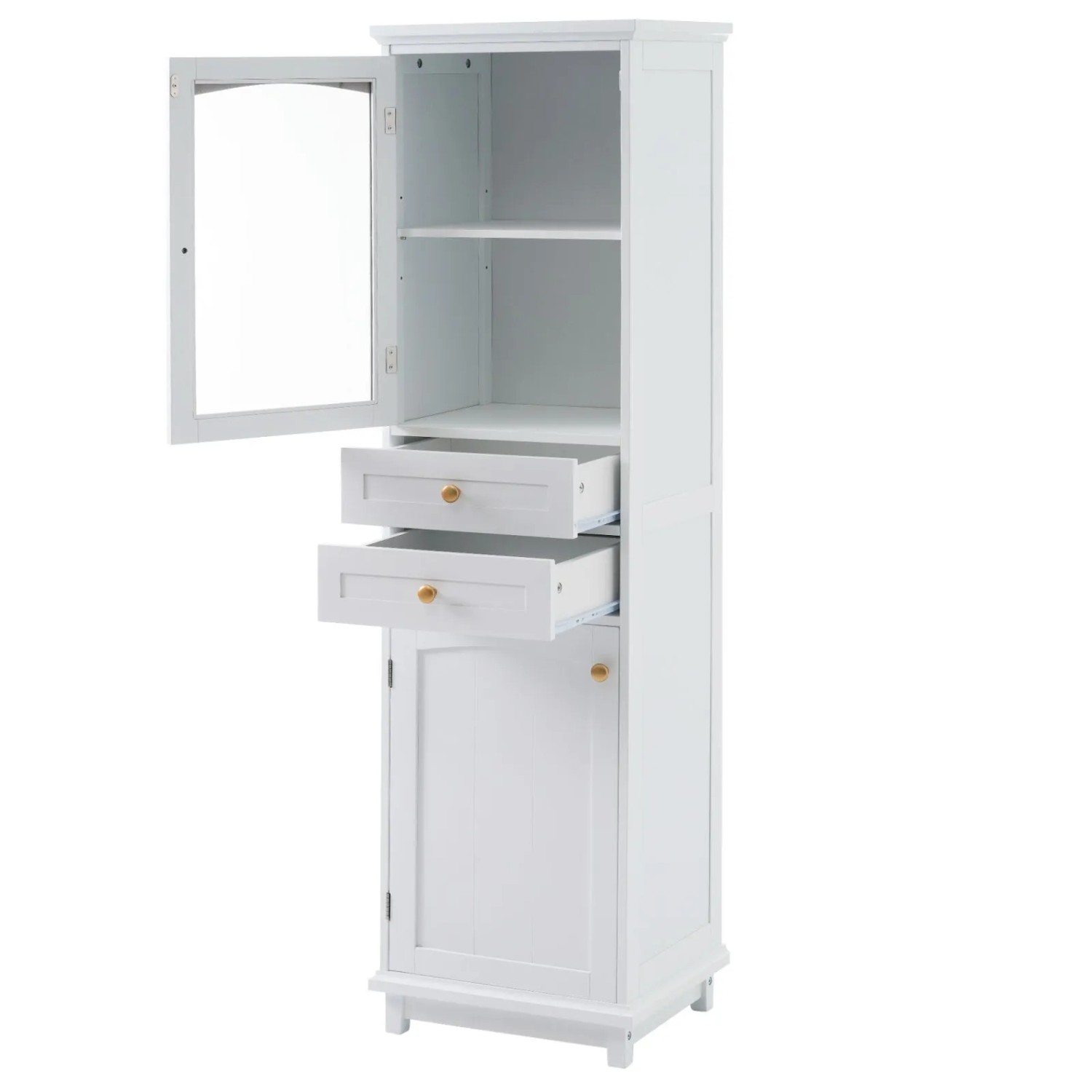 PXloue Badezimmerschrank mit Glastüren 2 Schränke 2 Schubladen Verstellbare Einlegeböden Weiß