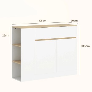 HOMCOM Sideboard in Weiß mit Holzdekor, Maße eingezeichnet. Kommode mit Schublade, Fächern und Schrank.