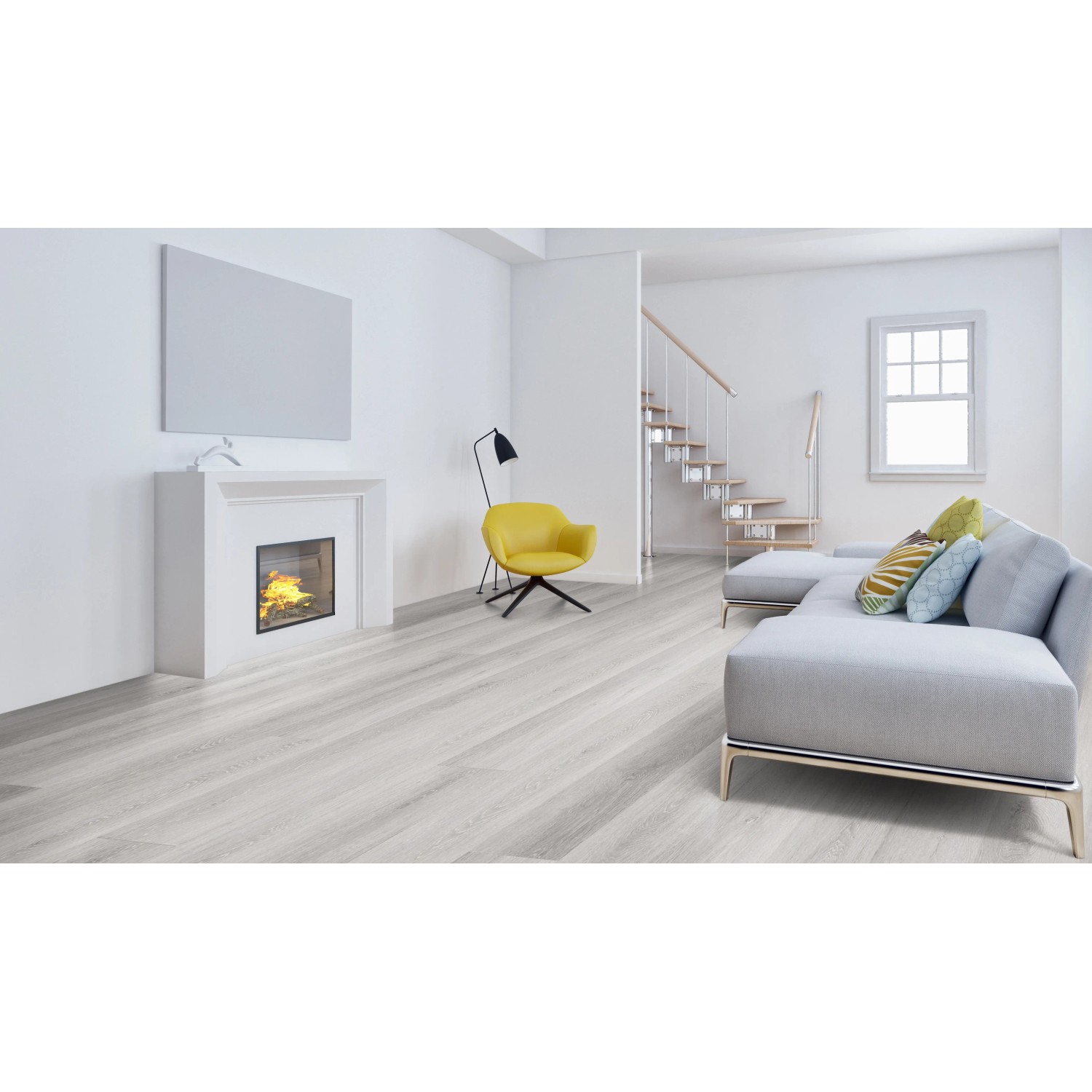 Heller Wohnraum mit Click-Vinylboden SPC Malabo Eiche verlegt.