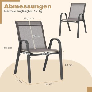 Grauer stapelbarer Gartenstuhl mit Textilene-Sitzfläche und Metallgestell. Maße 84x56x70 cm, 150 kg Traglast.