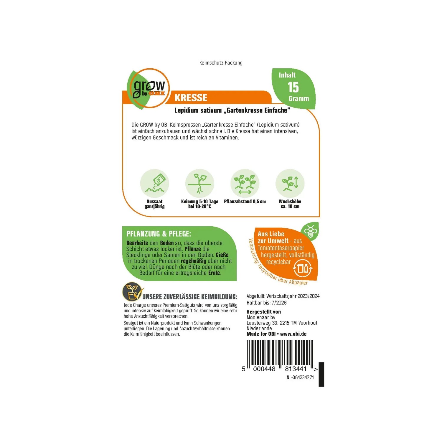 Packung Gartenkresse 'Einfache' von GROW by OBI, Kräutersamen für würzigen Geschmack.