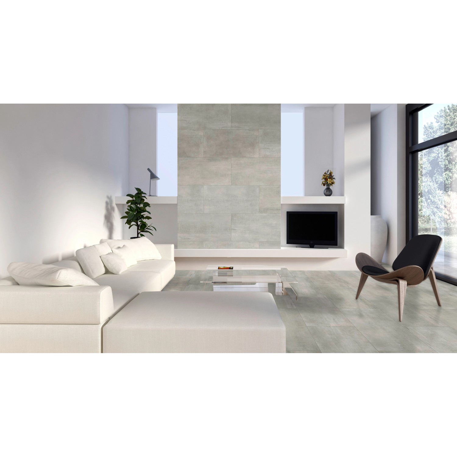 Heller Wohnraum mit Classen Ceramin Neo Vario Arigato Dekor-Paneelen in Steinoptik an Wand und Boden.