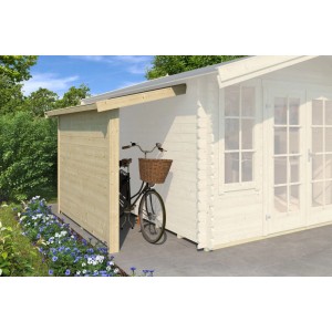 Lasita Schleppdach mit Seitenwand (90x240cm, Natur) am Gartenhaus mit Fahrrad