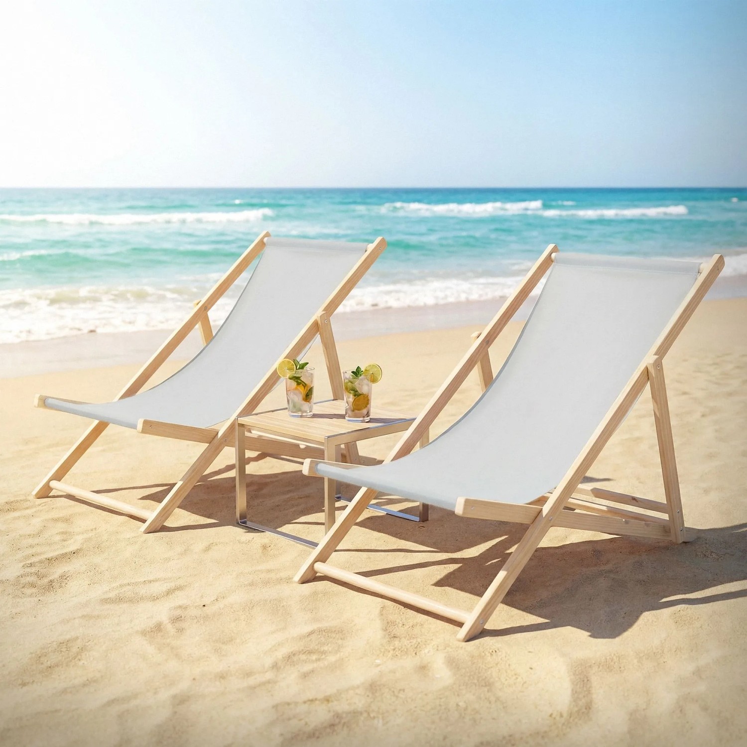 2er Set hellgraue, klappbare Holz-Liegestühle am Strand mit Getränken auf kleinem Tisch.