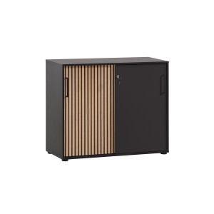 PROREGAL Aktenschrank Raven, 84x100x41cm, Eiche/Schwarz, mit Schiebetüren und Akustikpaneelen.