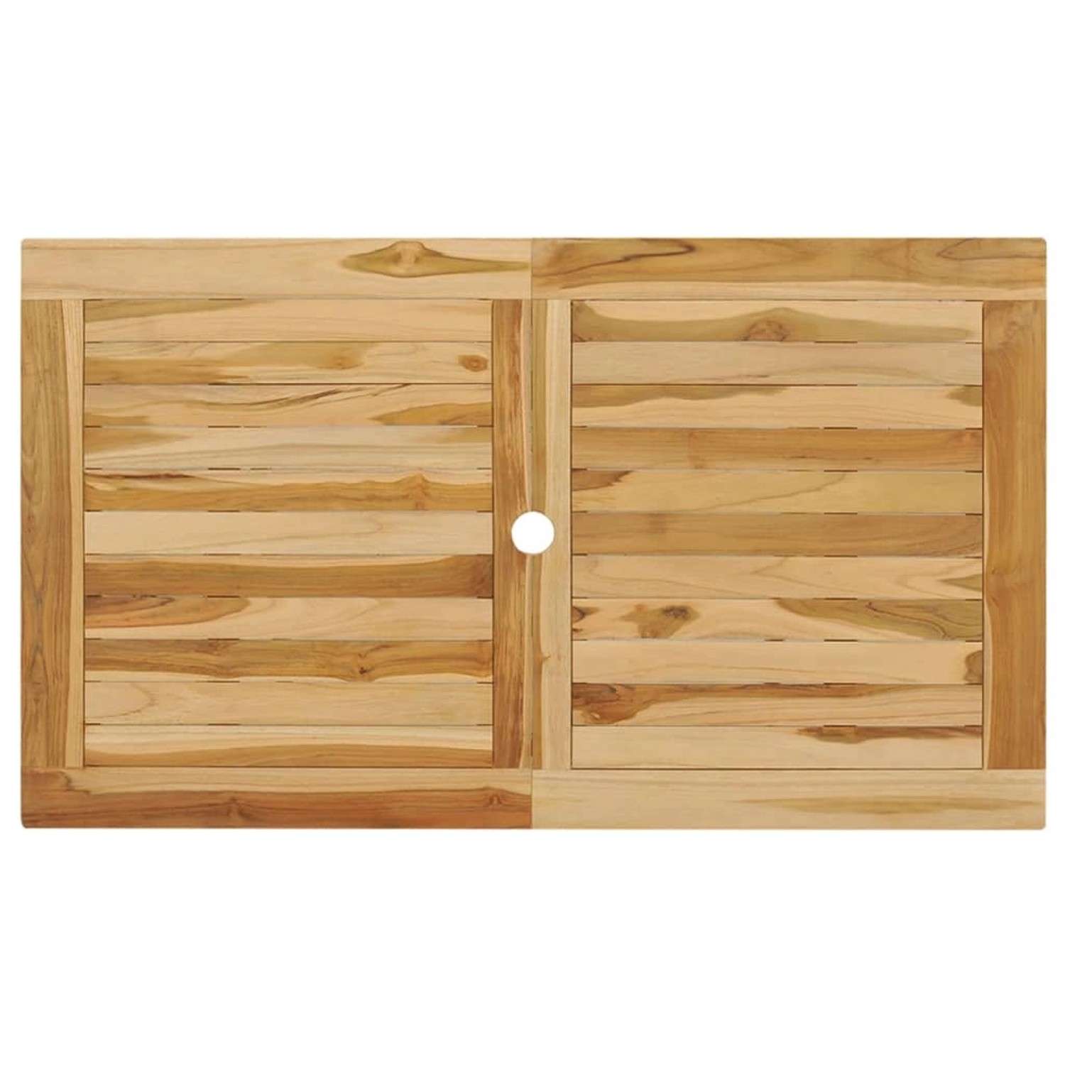 Detailansicht der Tischplatte der 5-tlg. vidaXL Garten-Essgruppe aus Teakholz mit Schirmloch.