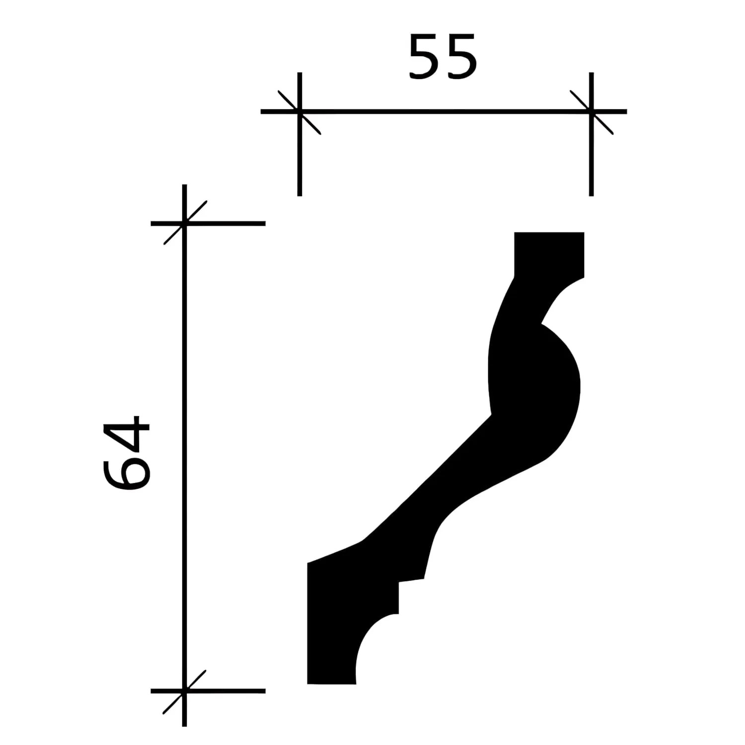 Profilzeichnung der weißen PROFHOME Eckleiste 150100, 64x55 mm, für Paneel-Zubehör.