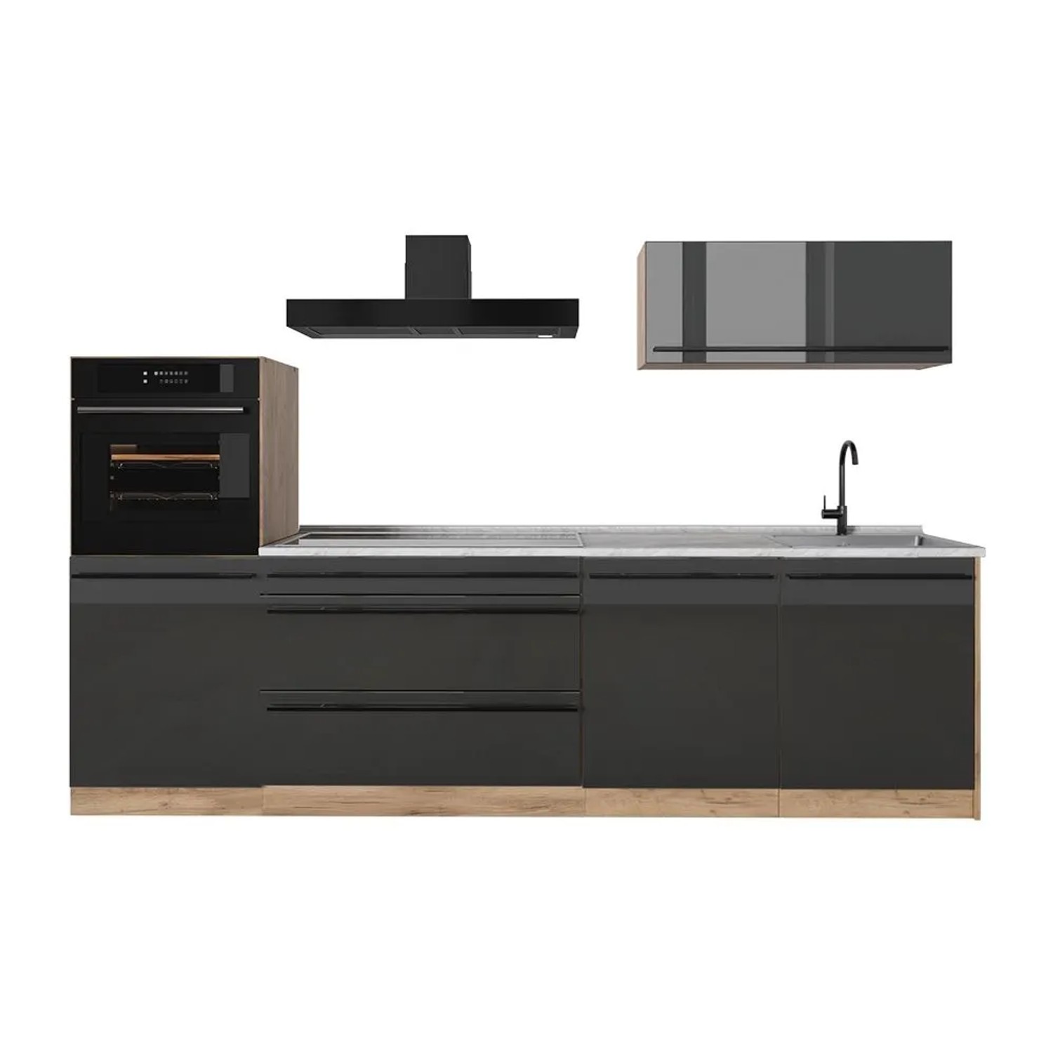 Vicco Küchenzeile R-Line Anthrazit Hochglanz/Goldkraft Eiche 280 x 143 Arbeitsplatte Marmor Art Nr 66483