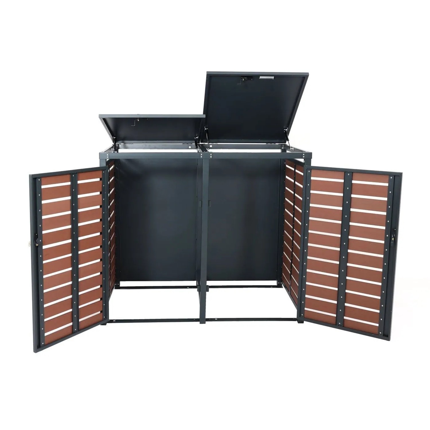 Proregal XL Mülltonnenbox für 2 Tonnen, Walnuss-Holzoptik WPC und Metall, mit offenen Türen und Deckeln.
