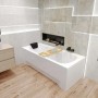 BONA Rechteck-Badewanne 160x70 aus weißem Acryl mit schwarzer KODI Kopfstütze im modernen Bad. Inkl. Wannenträger.