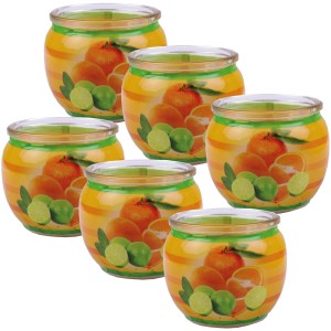 6er Pack HS Candle Duftkerzen mit Citrus Fruits Motiv im Glas. Dekorative Kerzen für eine angenehme Atmosphäre.