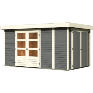 Karibu Gartenhaus Set Retola 6 in Terragrau mit Anbauschrank und Doppeltür.