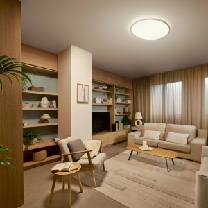 Philips Valen LED Deckenleuchte, weiß, 43 cm, dimmbar, in modernem Wohnzimmer. Helles, warmes Licht.