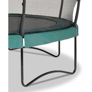 Detailaufnahme: Grünes EXIT Allure Premium Trampolin Ø 427 cm mit Sicherheitsnetz und Fußschutzsystem.