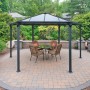 Palram Canopia Monaco Pavillon 4.5 x 3.9 m Anthrazit mit LED-Set im Garten.