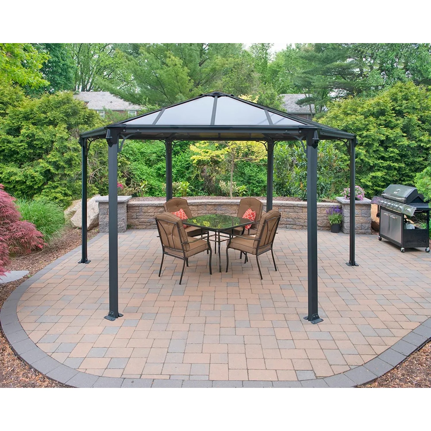 Palram Canopia Monaco Pavillon 4.5 x 3.9 m Anthrazit mit LED-Set im Garten.