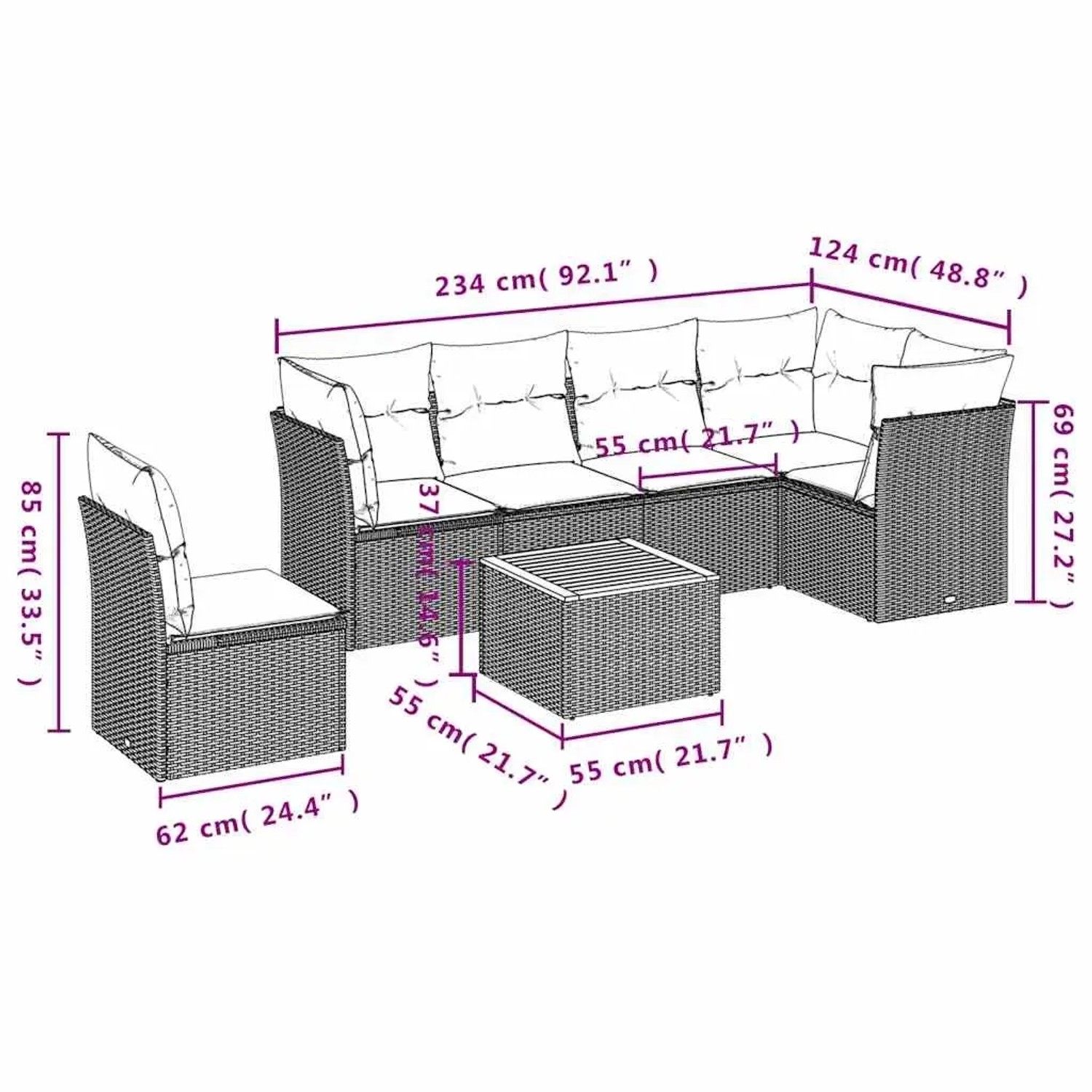vidaXL 7-tlg. Garten-Sofagarnitur, schwarzes Poly Rattan mit cremefarbenen Kissen und Tisch, Maße eingezeichnet.