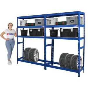 PROREGAL Reifenregal Mega Deal: 2 blaue Regale mit Reifen, Boxen und Eimern. Ideal zur Reifenlagerung.