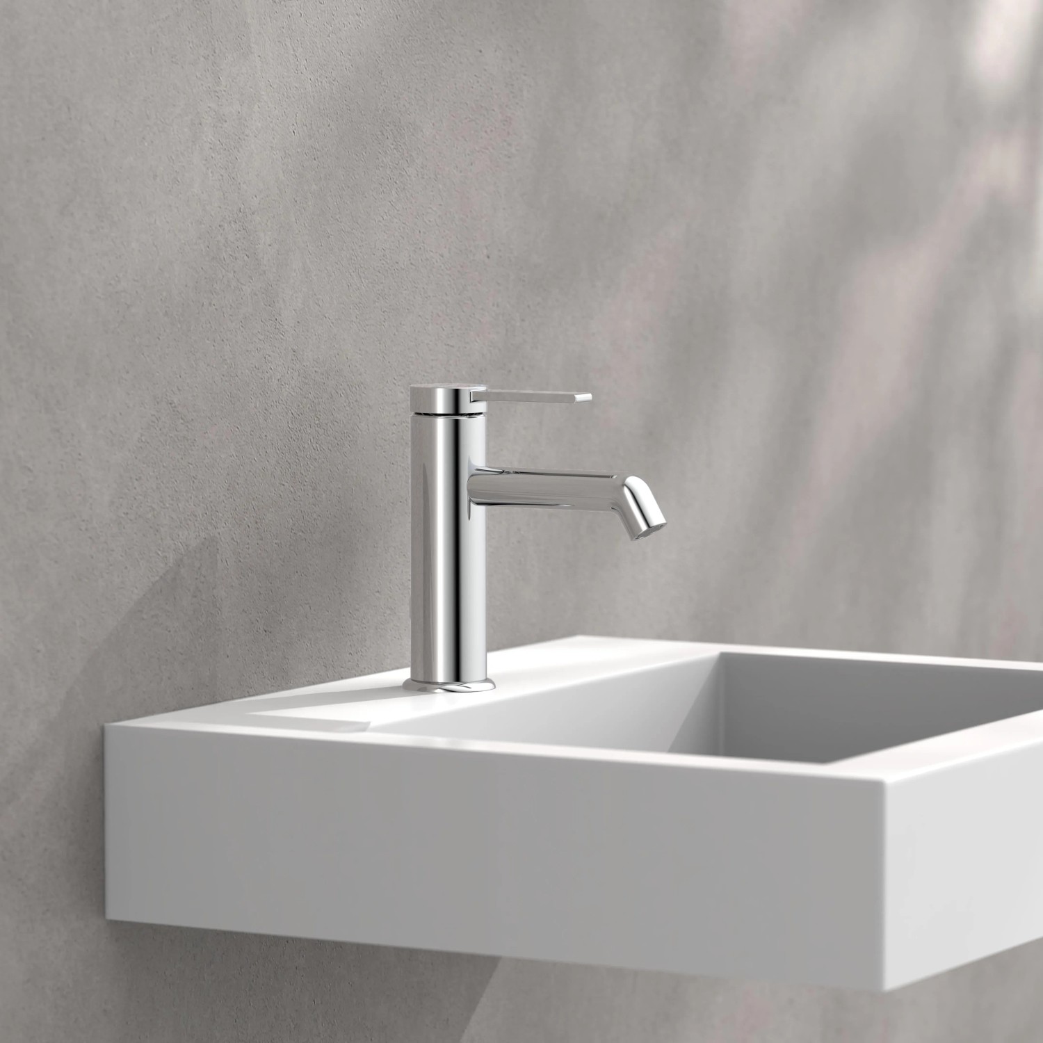 Schütte Waschtischarmatur Los Angeles Chrom auf weißem Waschbecken.