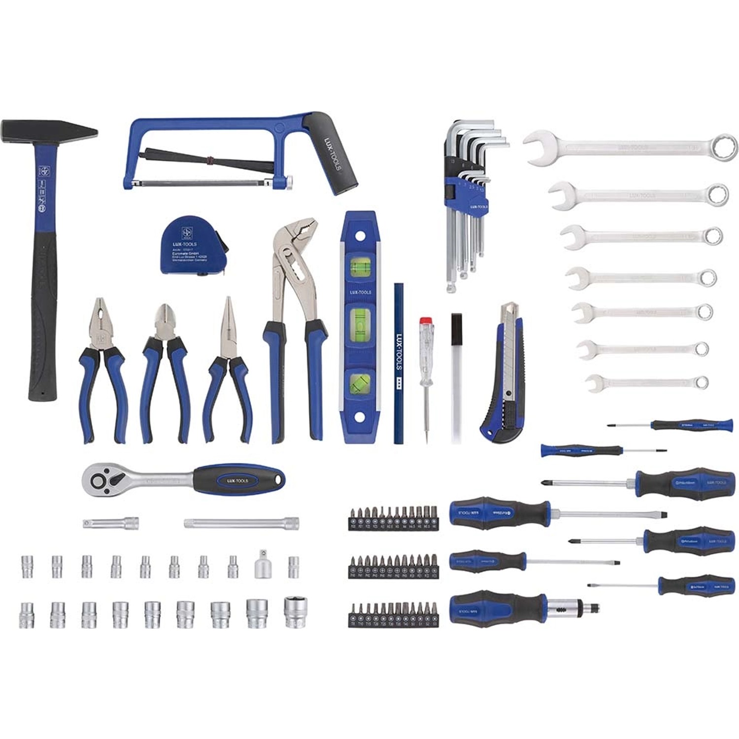 LUX Werkzeugkoffer, 108-teilig, mit Hammer, Säge, Zangen, Schraubenschlüsseln, Schraubendrehern und Bits.