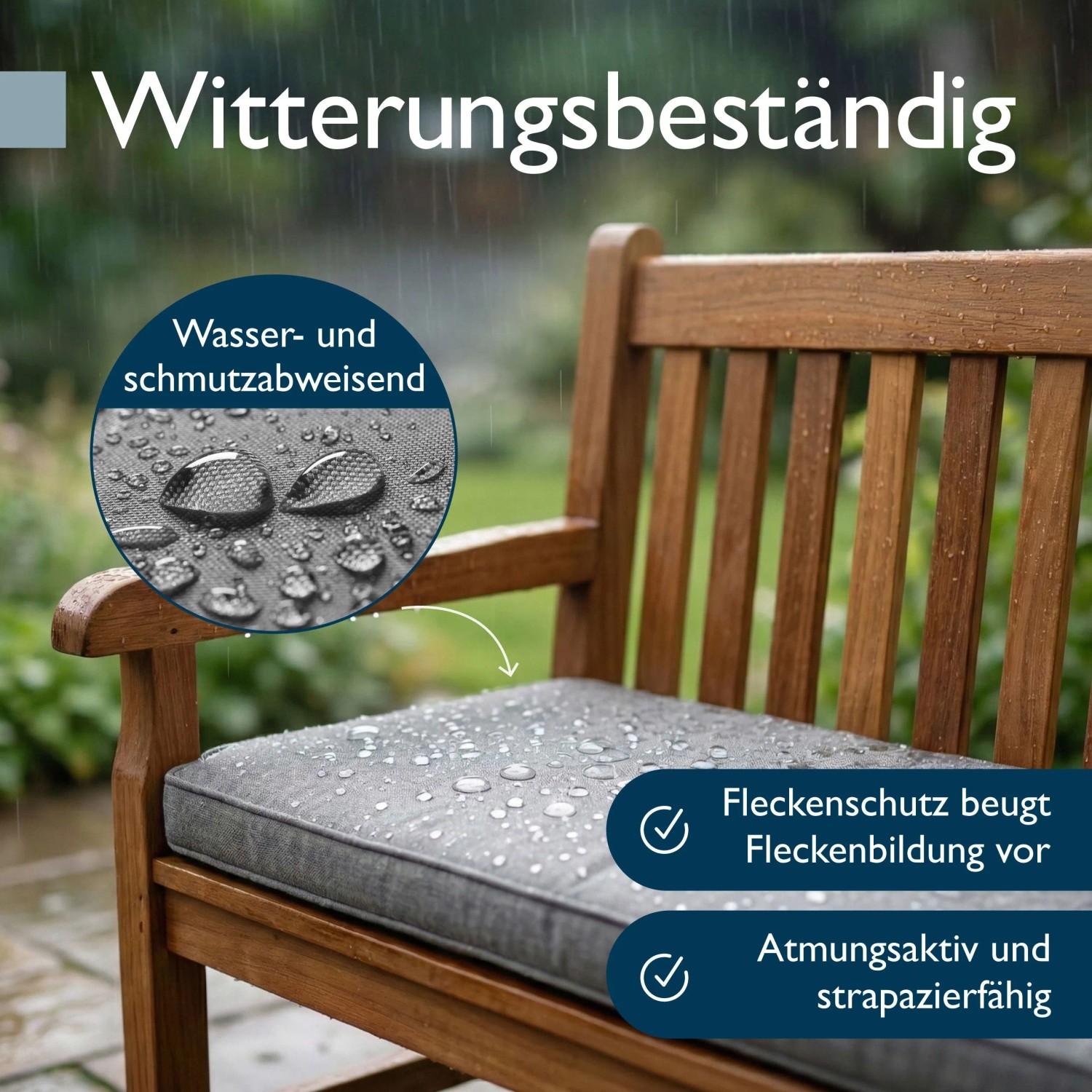Hellgraue Beautissu Outdoor Bankauflage auf Holzbank, wasserabweisend, witterungsbeständig, mit Fleckenschutz.