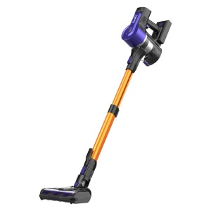 Akkusauger von VacniQ in Lila, Schwarz und Orange. Der Staubsauger ist leicht und kabellos.