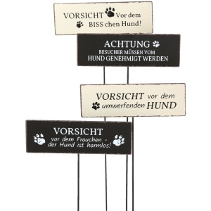 Boltze Gartenstab Hund mit lustigen Warnhinweisen, 4-fach sortiert. Gartendeko für Hundefreunde.