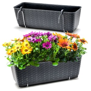 BigDean 2er Set Blumenkästen für Balkon Geländer Rattan Optik Anthrazit Balkonkästen mit Metall Halterungen 49 x 17 x 17 cm inkl.