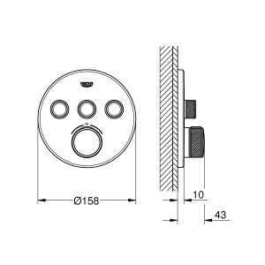 Technische Zeichnung: Grohe Grohtherm SmartControl Thermostat mit 3 Absperrventilen, Chrom, runde Ausführung.