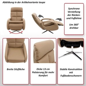 Taupe Relaxsessel L11 aus Voll-Leder, 360° drehbar, mit synchron verstellbarer Rücken- und Fußlehne, 13 cm Polsterung.