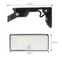 Schwarze LED Solar-Außenleuchte mit Sensor und Maßangaben für Wandmontage.