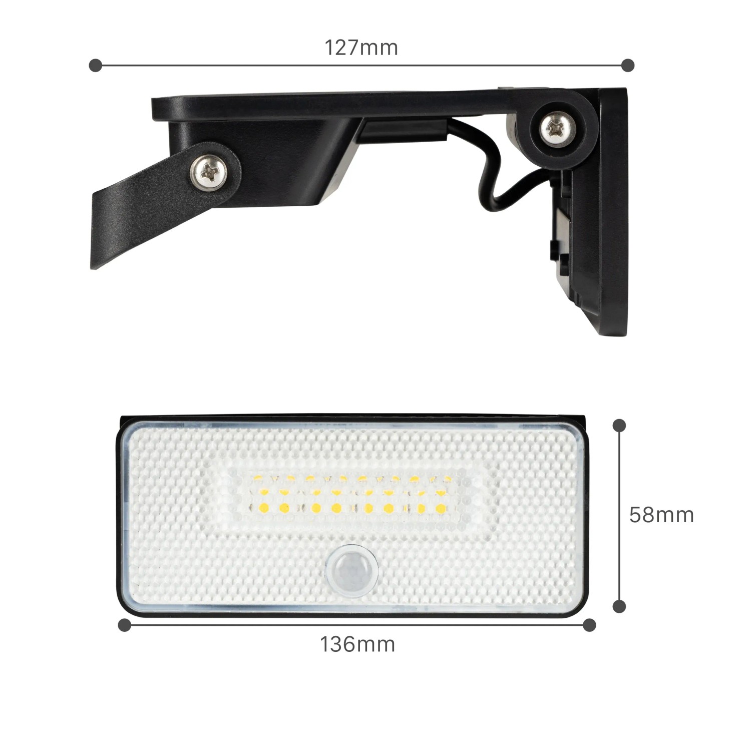 Schwarze LED Solar-Außenleuchte mit Sensor und Maßangaben für Wandmontage.