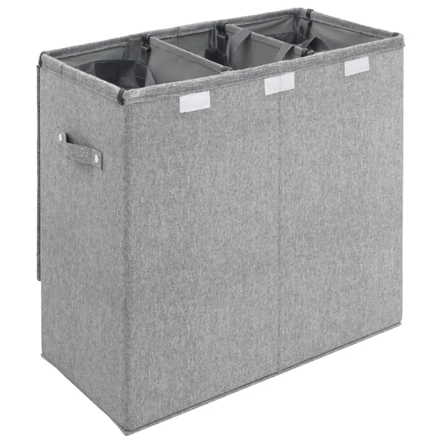 Grauer faltbarer Wäschekorb aus Leinenimitat mit 3 Fächern und Griffen, 64,5x34,5x59 cm.