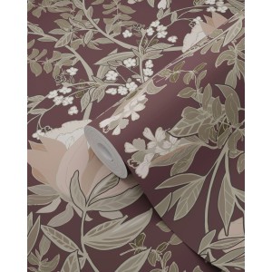 ESTAhome Vliestapete mit Blumenmuster im Jugendstil, Aubergineviolett, 50x900cm.