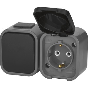 Kombi-Steckdose und Schalter in Schwarz-Grau, Aufputz für Innen- und Außenbereiche.