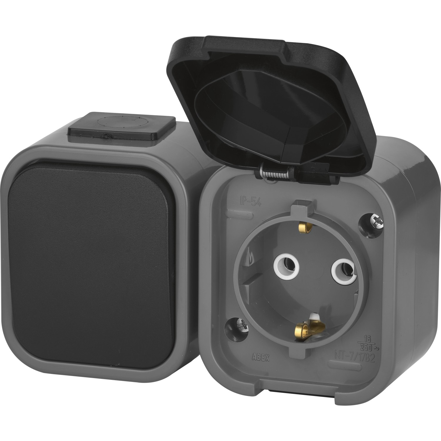 Kombi-Steckdose und Schalter in Schwarz-Grau, Aufputz für Innen- und Außenbereiche.