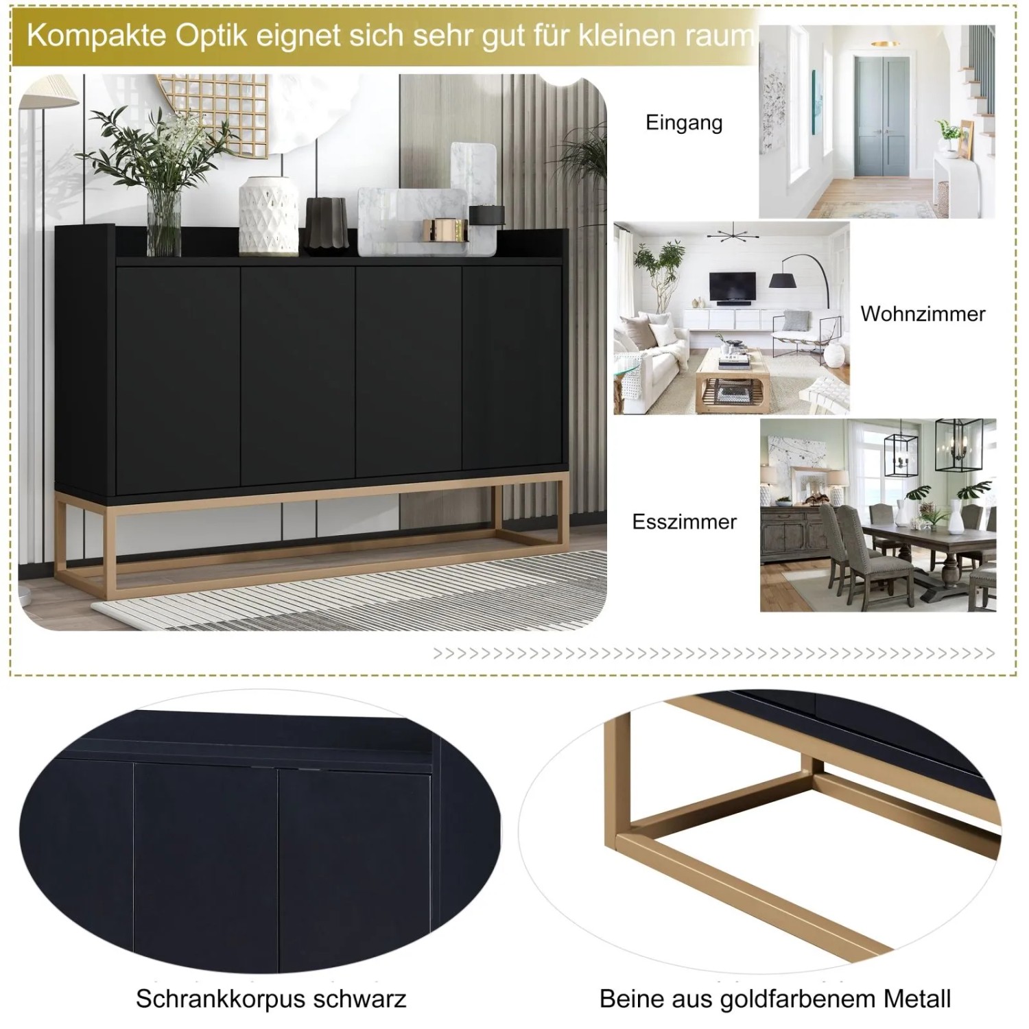 Schwarzes Sideboard/Buffetschrank mit 4 Türen und goldenem Metallgestell für Wohn- und Esszimmer.