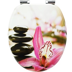 Sanfino WC-Sitz Pink Flower: Toilettendeckel mit Blumenmuster und Steinen, Absenkautomatik.