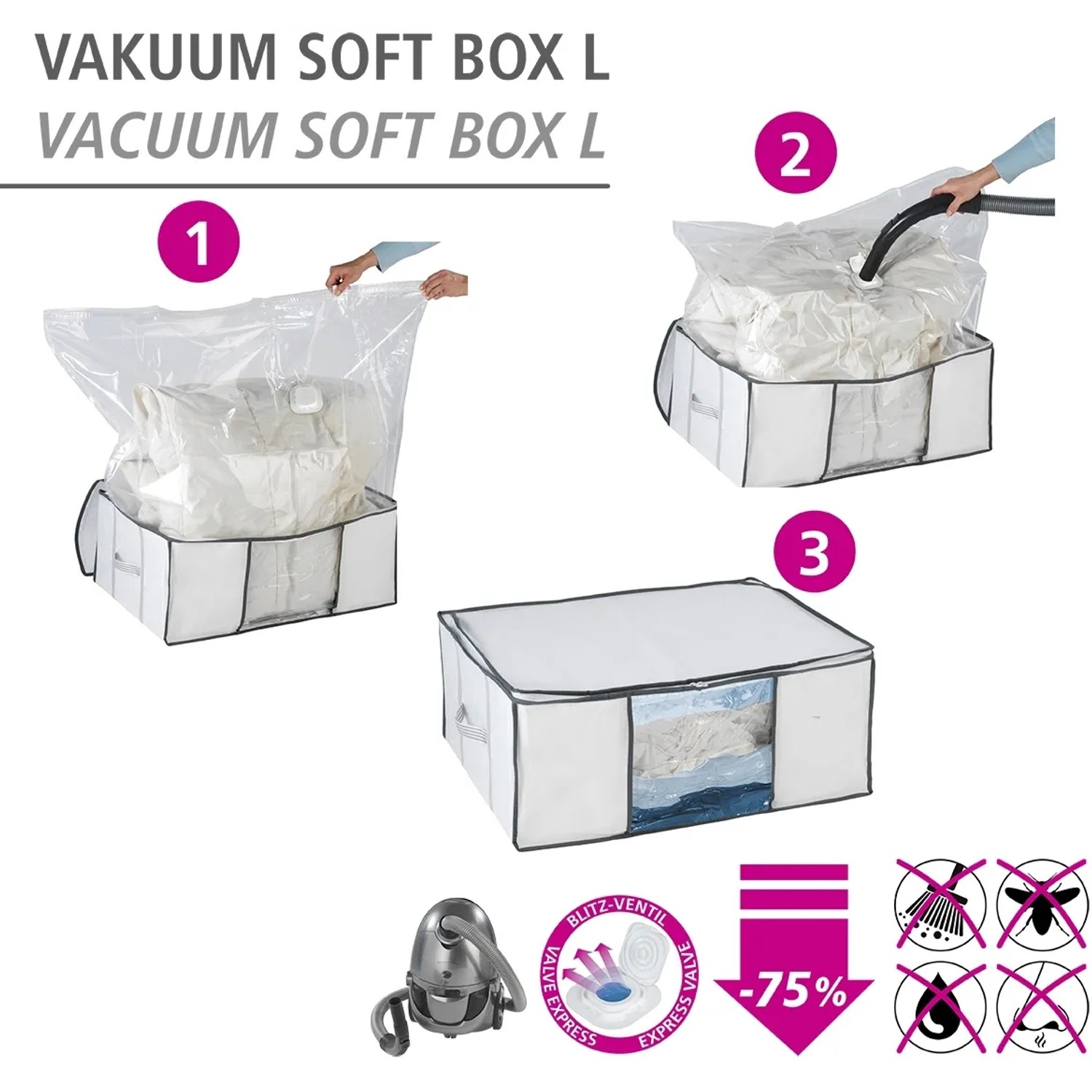 Wenko Vakuum Soft Box L, weiße Textil-Aufbewahrung mit Vakuum-Funktion für bis zu 75% Platzersparnis.