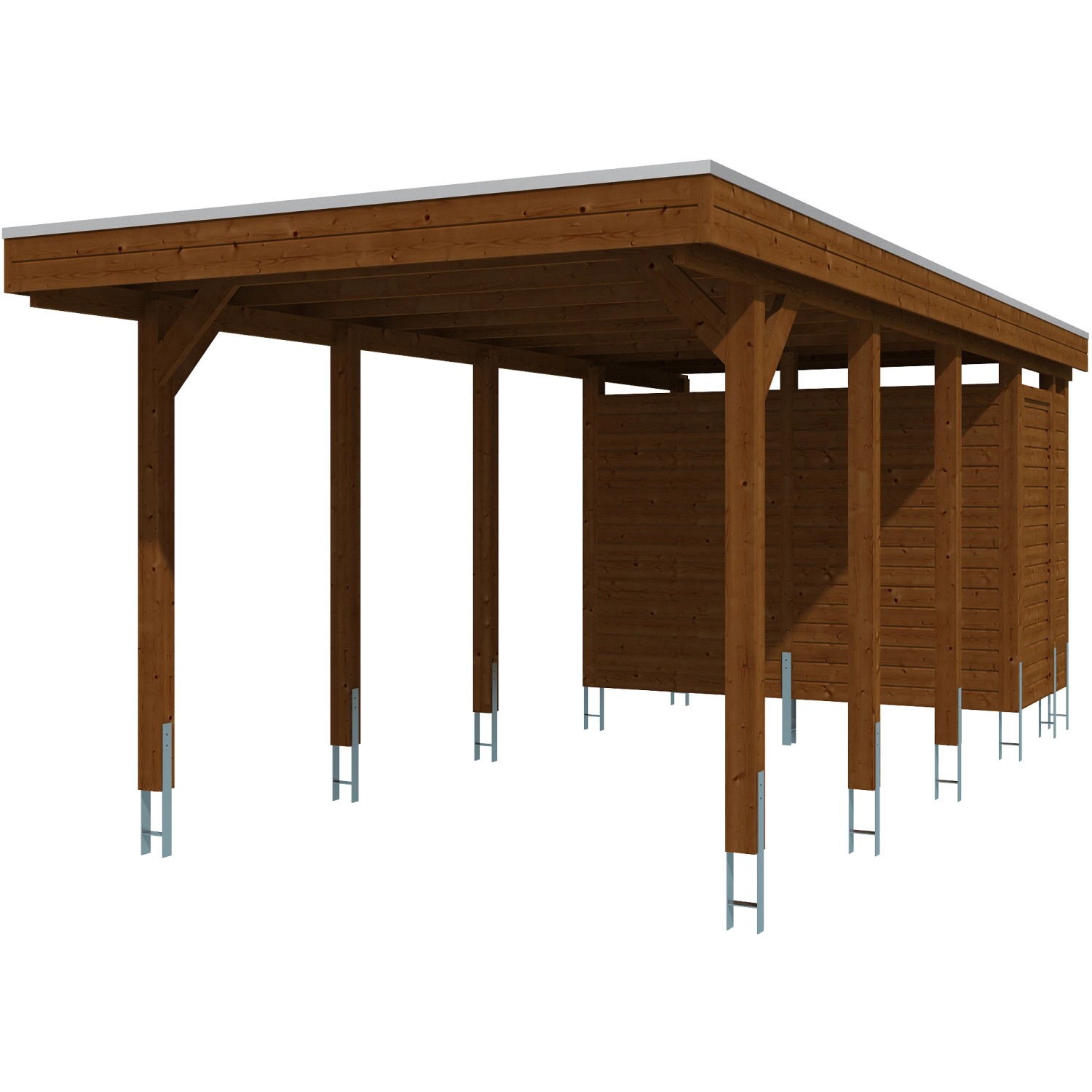 Skan Holz Carport Friesland Set 2 in Nussbaum, Holzkonstruktion mit Abstellraum und Aluminiumdach.