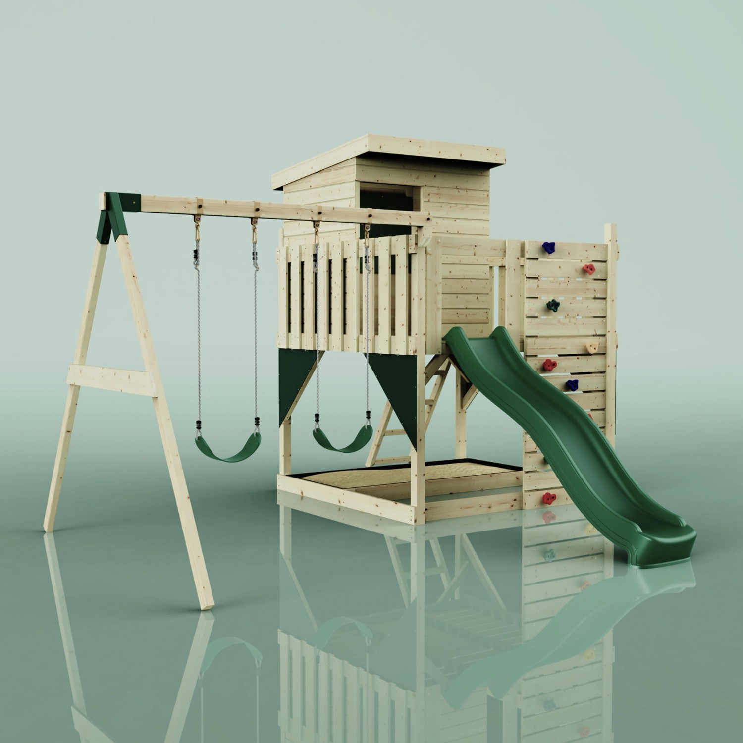 PolarPlay Spielturm Björn mit Schaukel, Rutsche und Kletterwand aus Holz, dunkelgrüne Akzente.