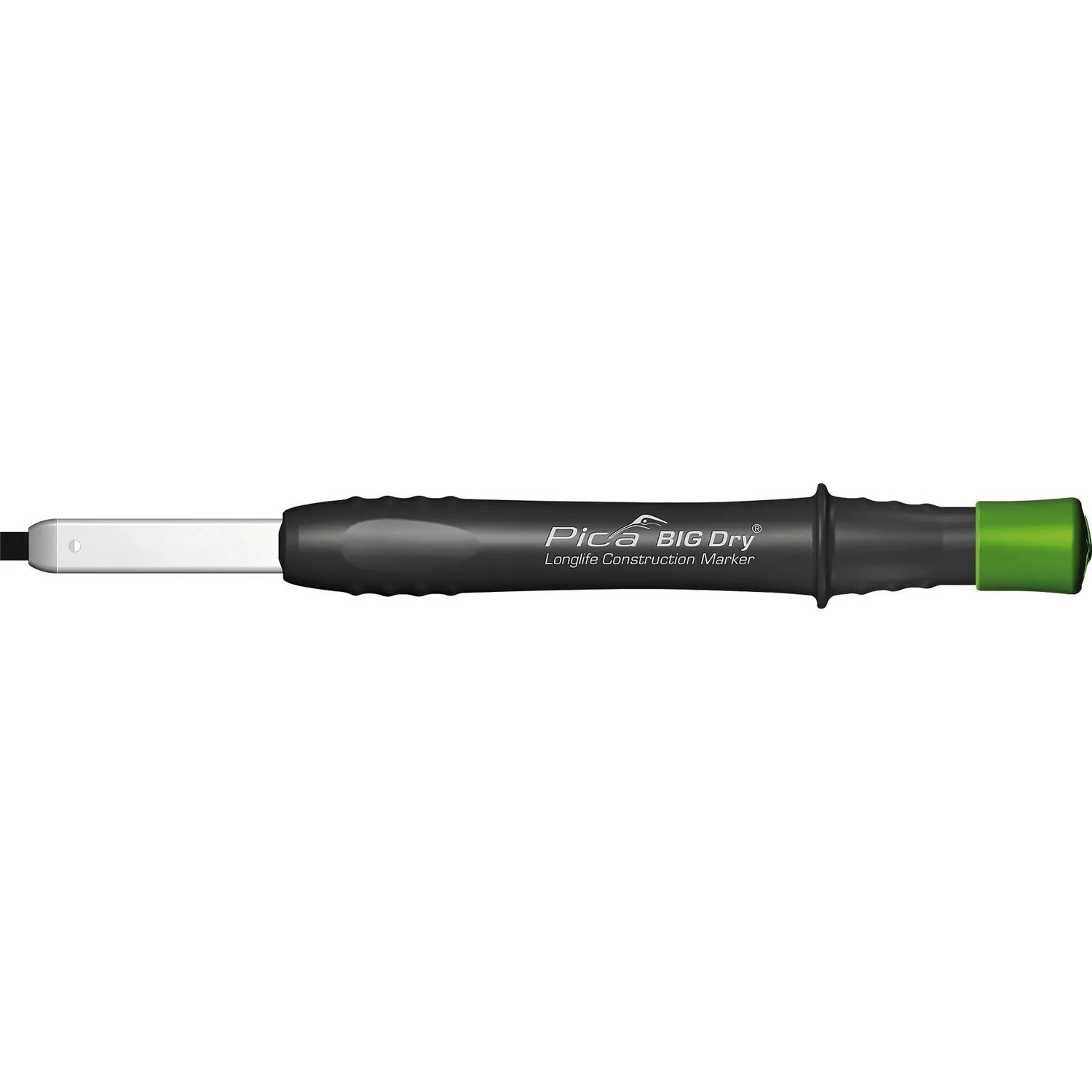 Schwarzer Pica Big Dry Zimmermannsbleistift mit silberner Spitze und grünem Endstück für präzise Markierungen auf Baustellen.