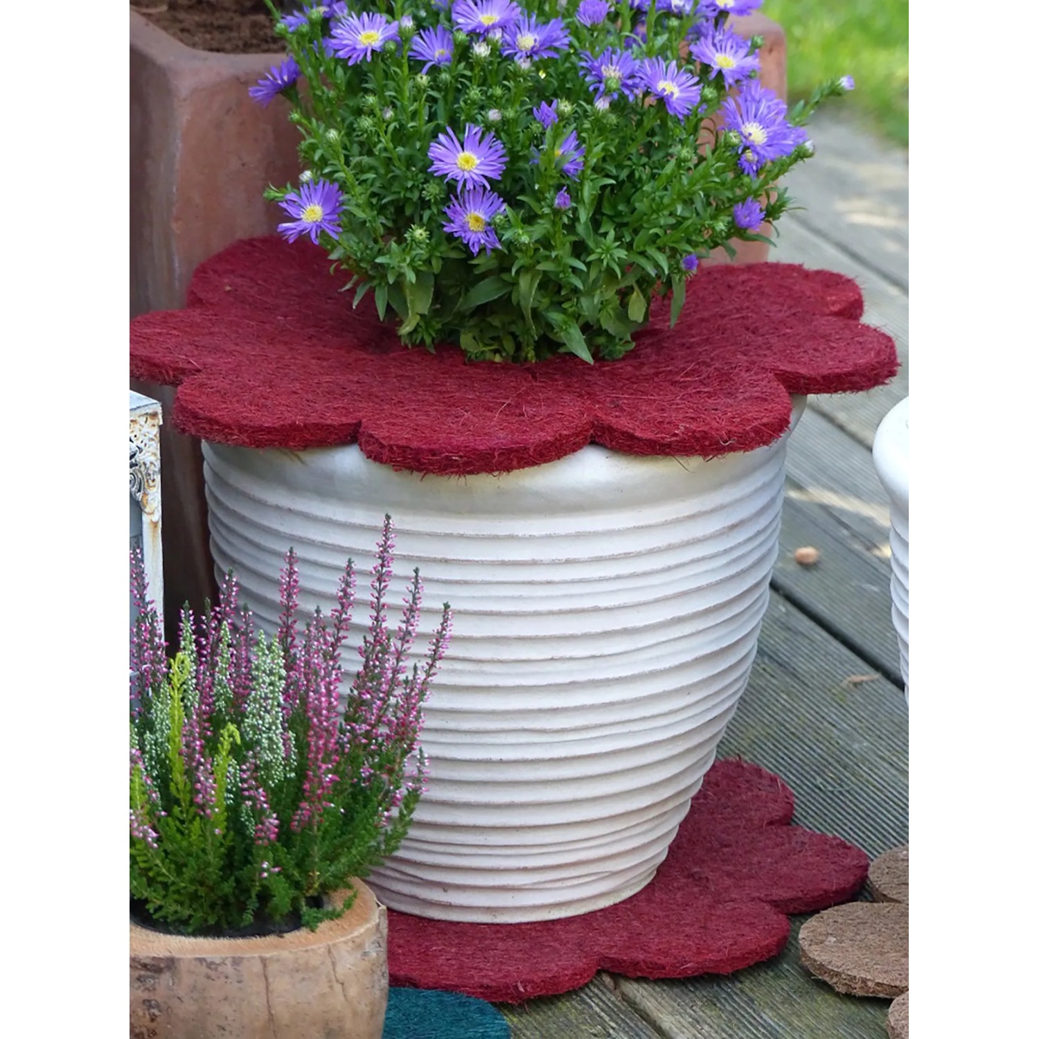 3er Set rote Mulchscheibe in Blumenform (42x43cm) als Winterschutz für Topfpflanzen.