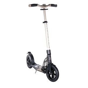 Goldener Six Degrees Aluminium Scooter mit Luftreifen, Klappmechanismus und höhenverstellbarem Lenker.