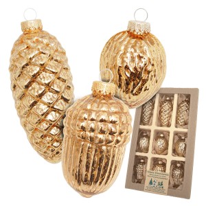 9-tlg. Set goldene Krebs Glas Lauscha Weihnachtskugeln in Zapfen- und Nussform (5cm).