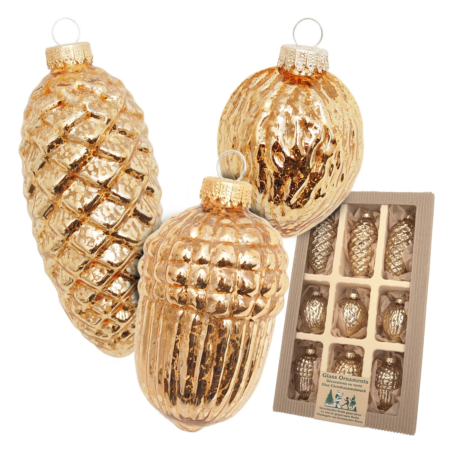 Krebs Glas Lauscha Weihnachtsornamente Zapfen und Nüsse Effektgold 9-tlg. 5cm