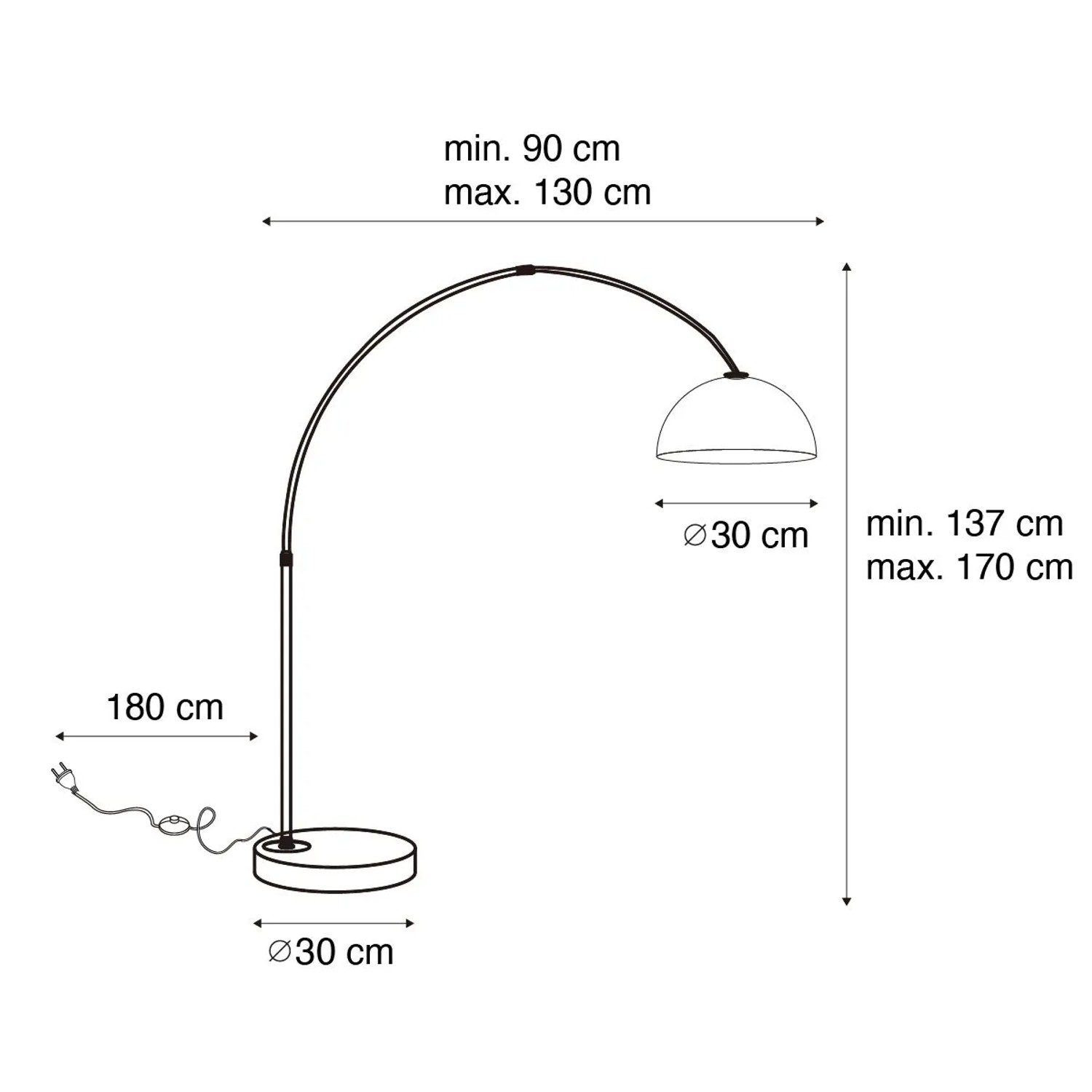 Skizze der modernen Bogenlampe Arc von QAZQA in Schwarz mit Rauchglas und Maßangaben.
