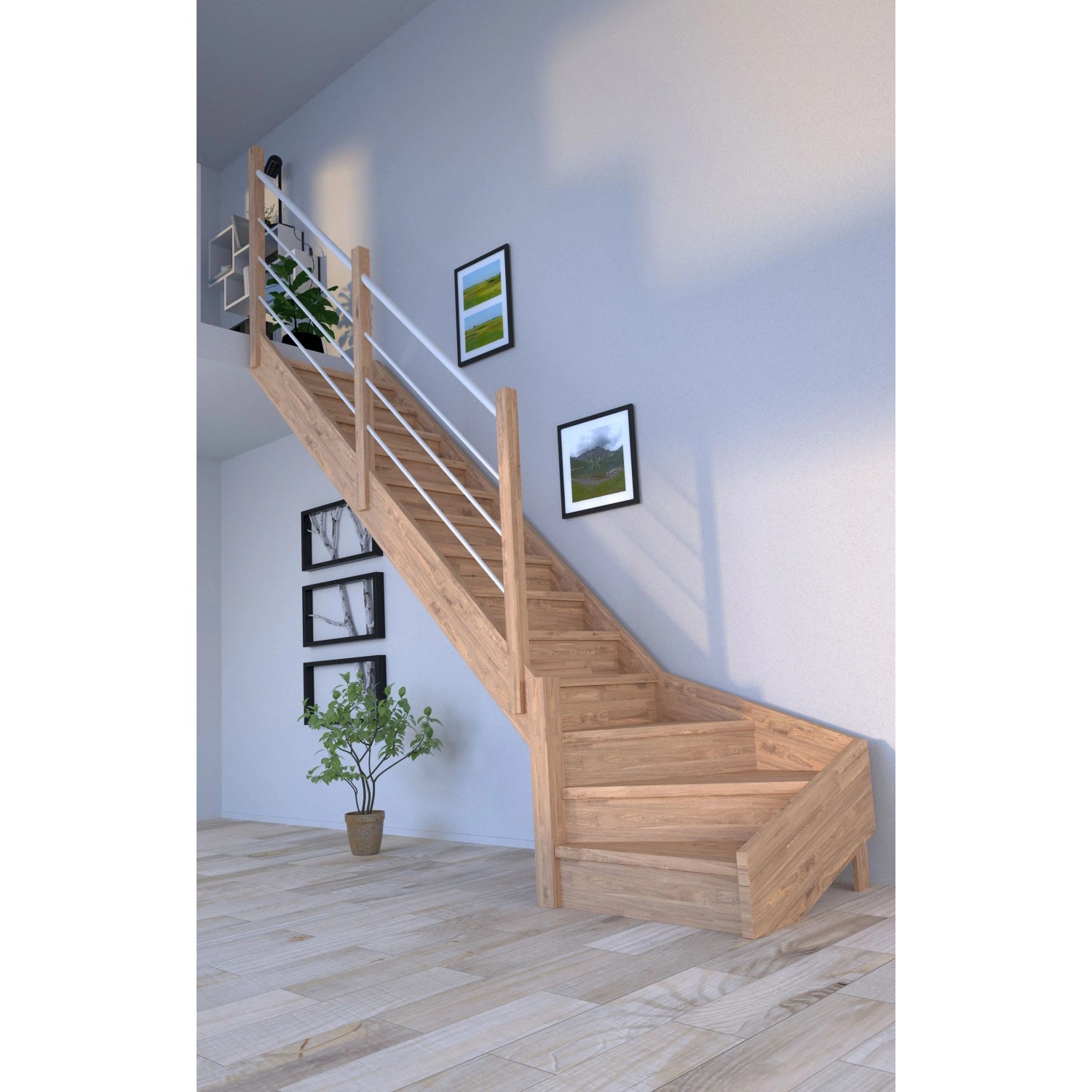Mykonos Pro Eiche Treppe, 1/4 gewendelt links, mit Holz-Edelstahl-Geländer in Weiß und Setzstufen.
