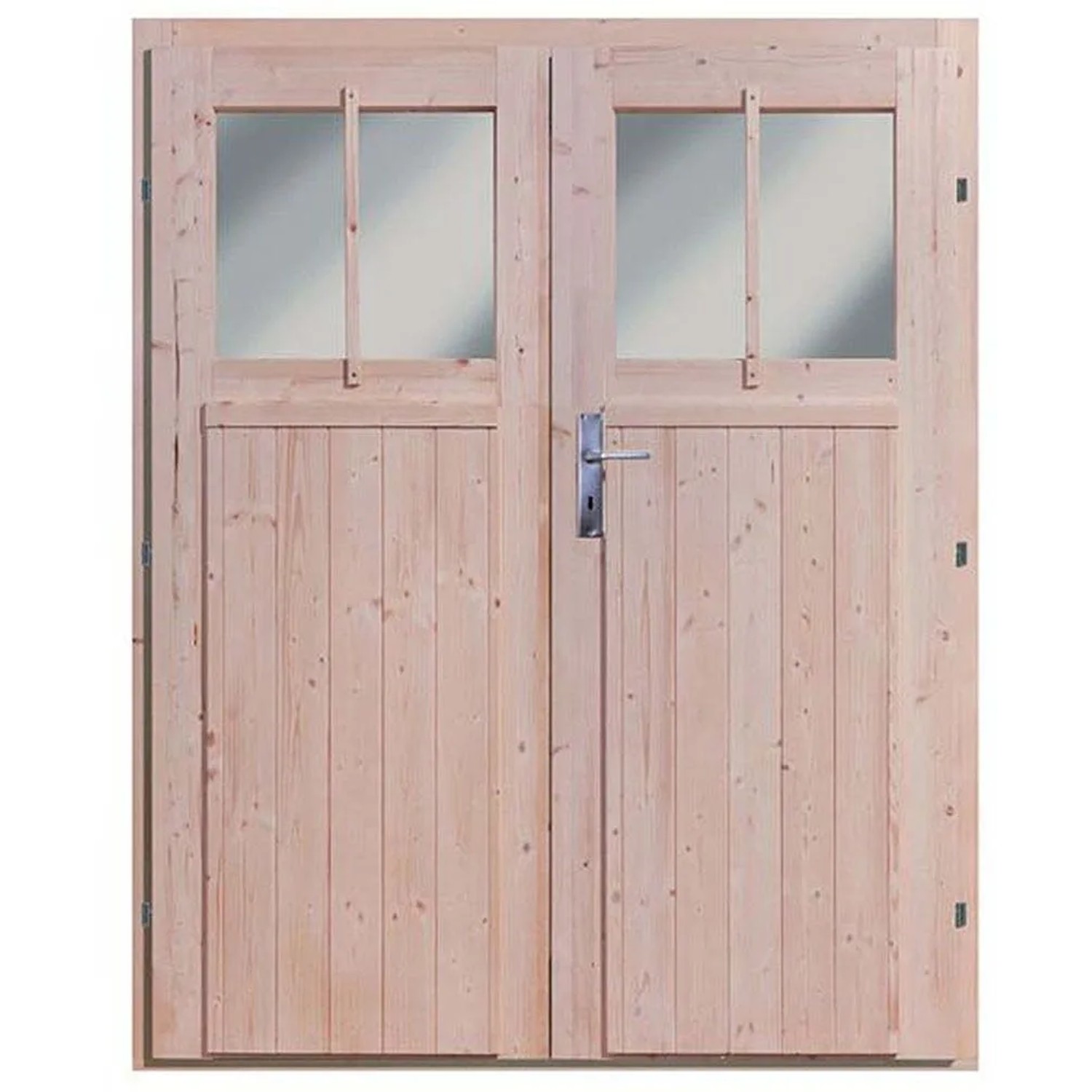 Doppeltür für Karibu Gartenhaus Timsund, unbehandeltes Holz mit Fenstern.